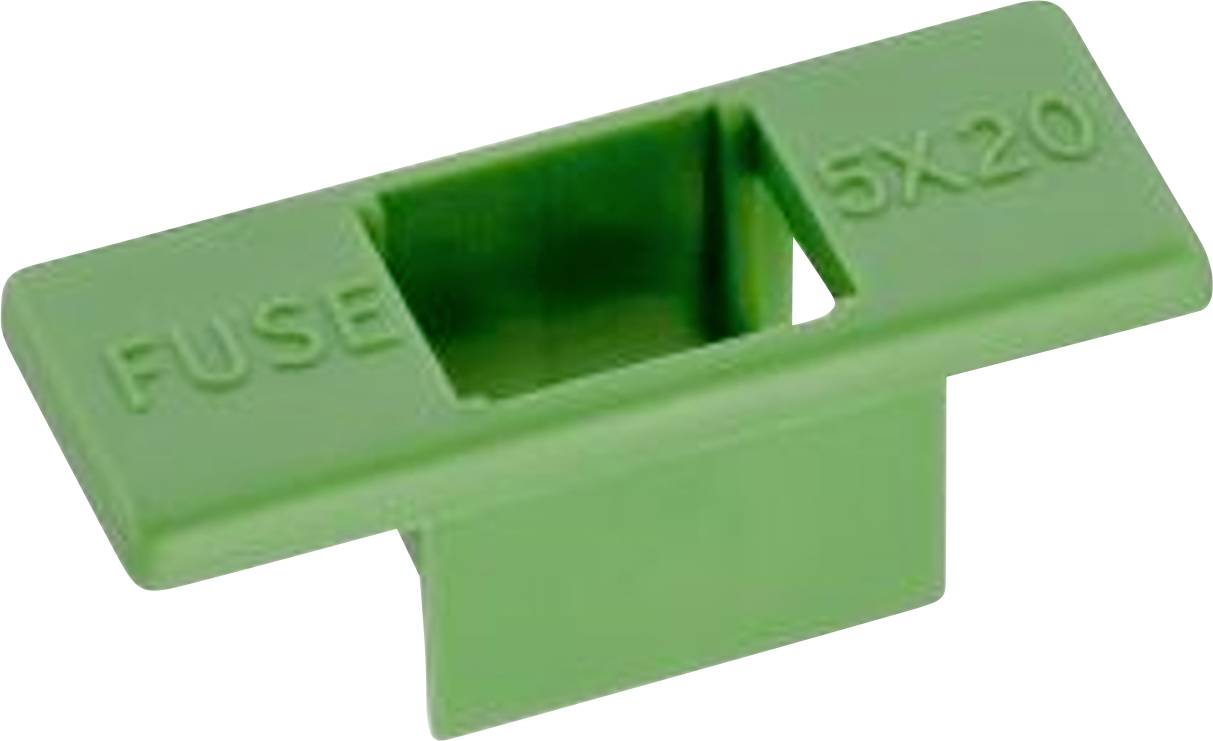 Green fuse holder with the inscription 'FUSE 5x20', rectangular opening for accommodating fine fuses.