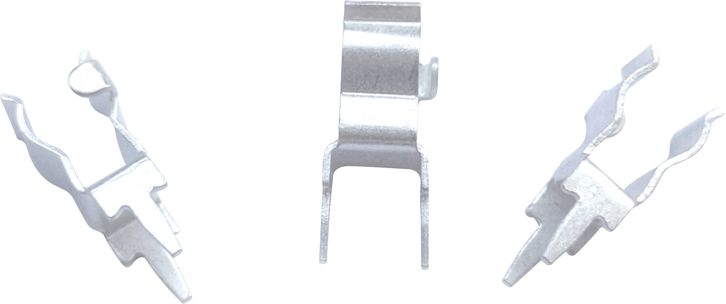 Three metallic clips in different positions on a white background. They are identical and made of silvery material.