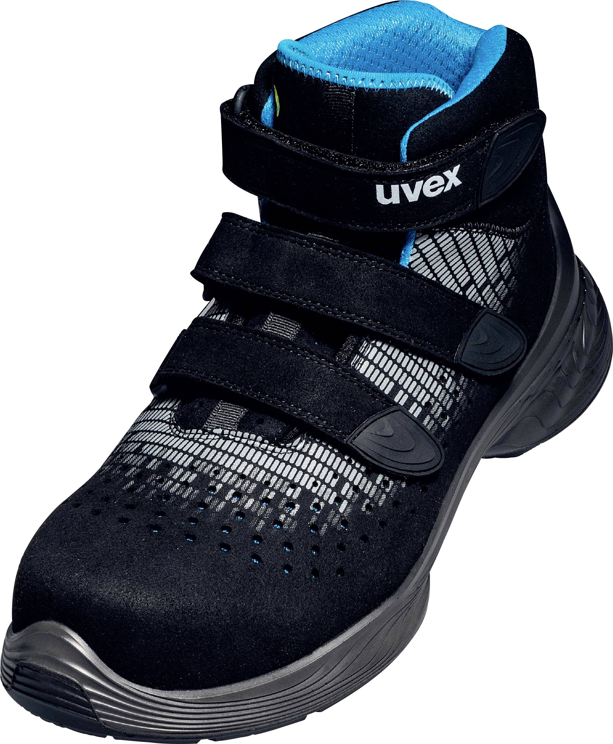 A black safety shoe with blue details and Velcro fastenings, labelled with the brand name on the side.