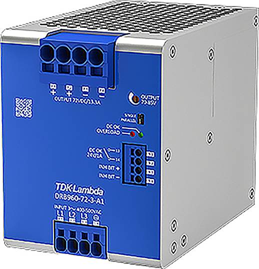 Industrial power supply with a blue front panel, multiple connection sockets, and white labelling. Model number 'DRB960-72-3-AL' visible.
