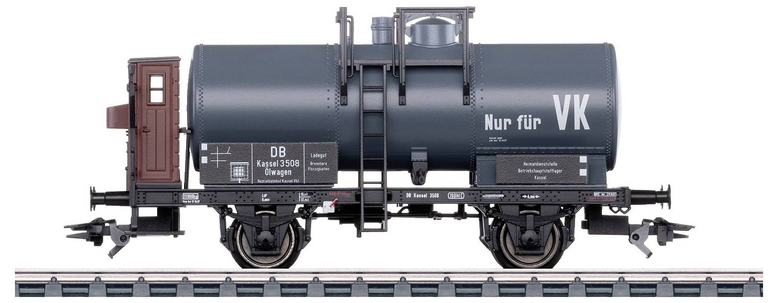A tank wagon model with 'VK Only' labelling on the sides. It is positioned on railway tracks and features details such as facade numbers.