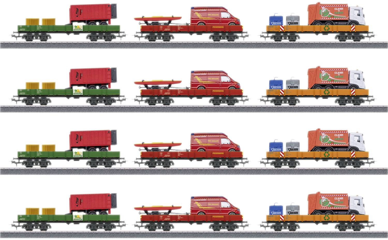 Several colourful toy trains with containers, carriages and freight are lined up side by side on the tracks.