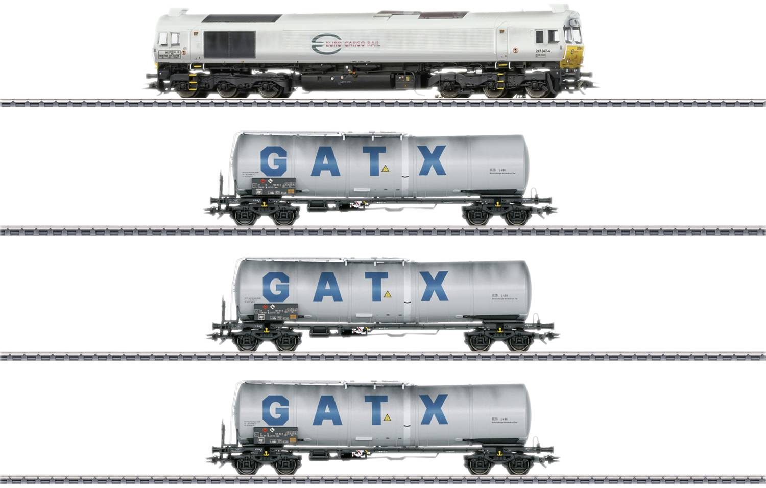 A white locomotive with the 'Euro Cargo Rail' logo is pulling three silver tanker wagons, each bearing the blue 'GATX' logo.
