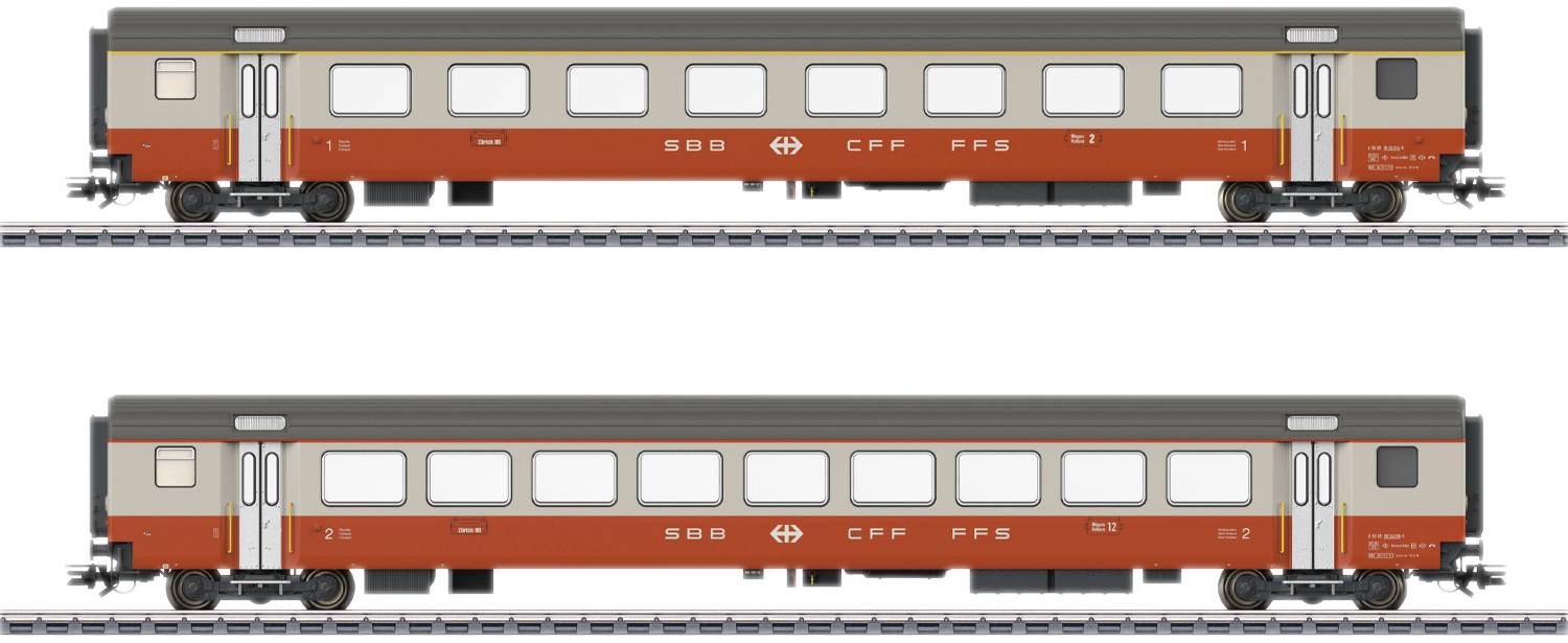 Two red and grey passenger carriages of the Swiss SBB on railway tracks, with windows and markings on their sides.