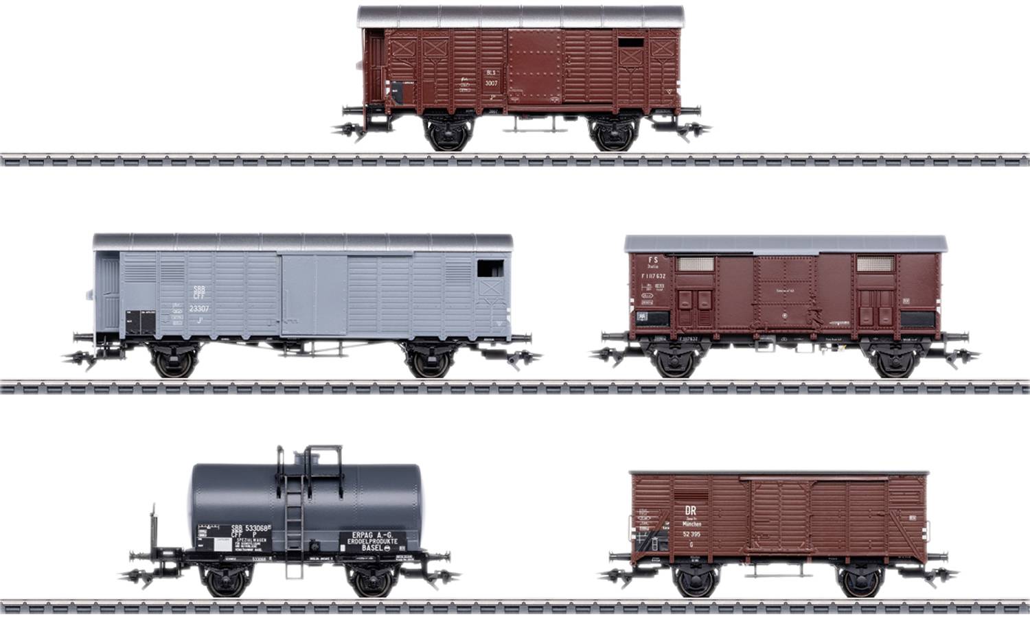 Three different freight train wagons on railway tracks: A brown one at the top, a grey one in the middle, and a black tanker wagon at the bottom.