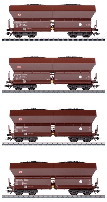 Four brown freight carriages loaded with coal on railway tracks, depicted in a series of identical photographs.