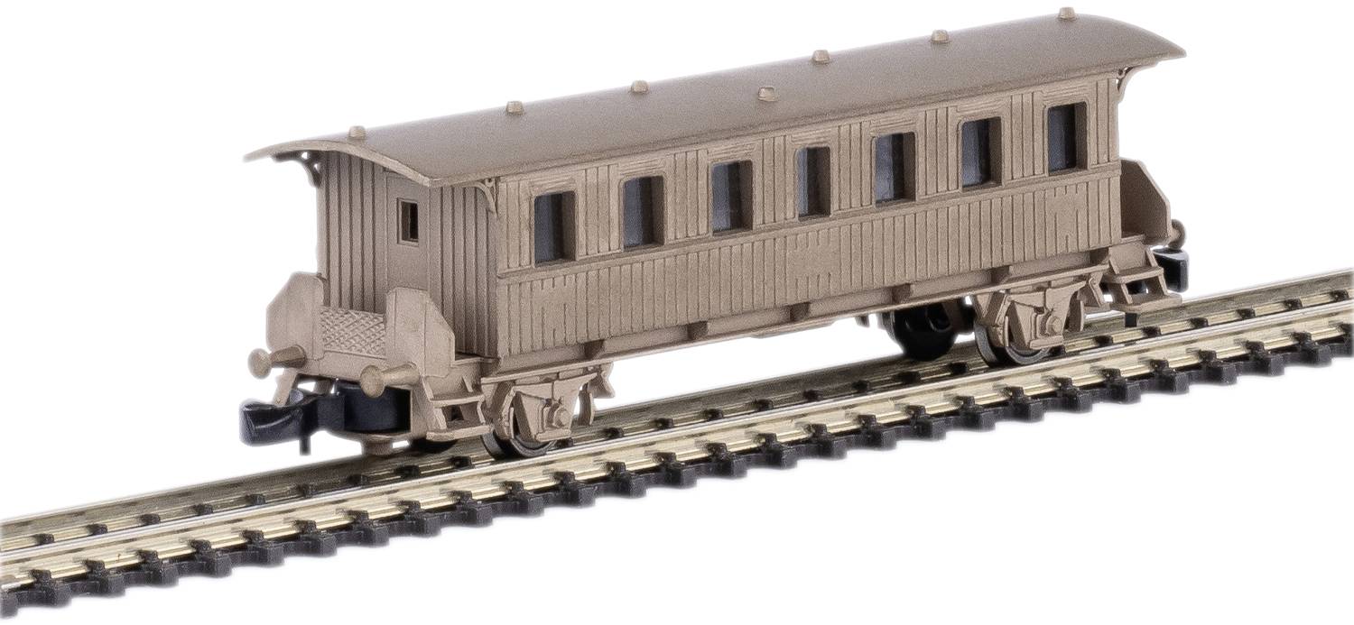 A wooden-coloured model railway carriage with six windows positioned on a track, with no visible labelling or additional details.