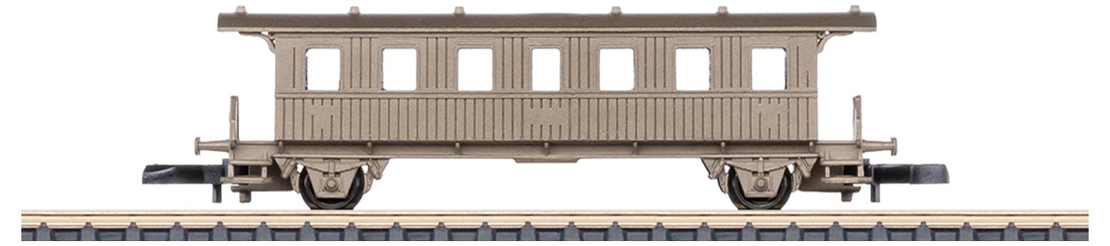 Brown model train carriage on tracks, simple construction with six windows, side view.