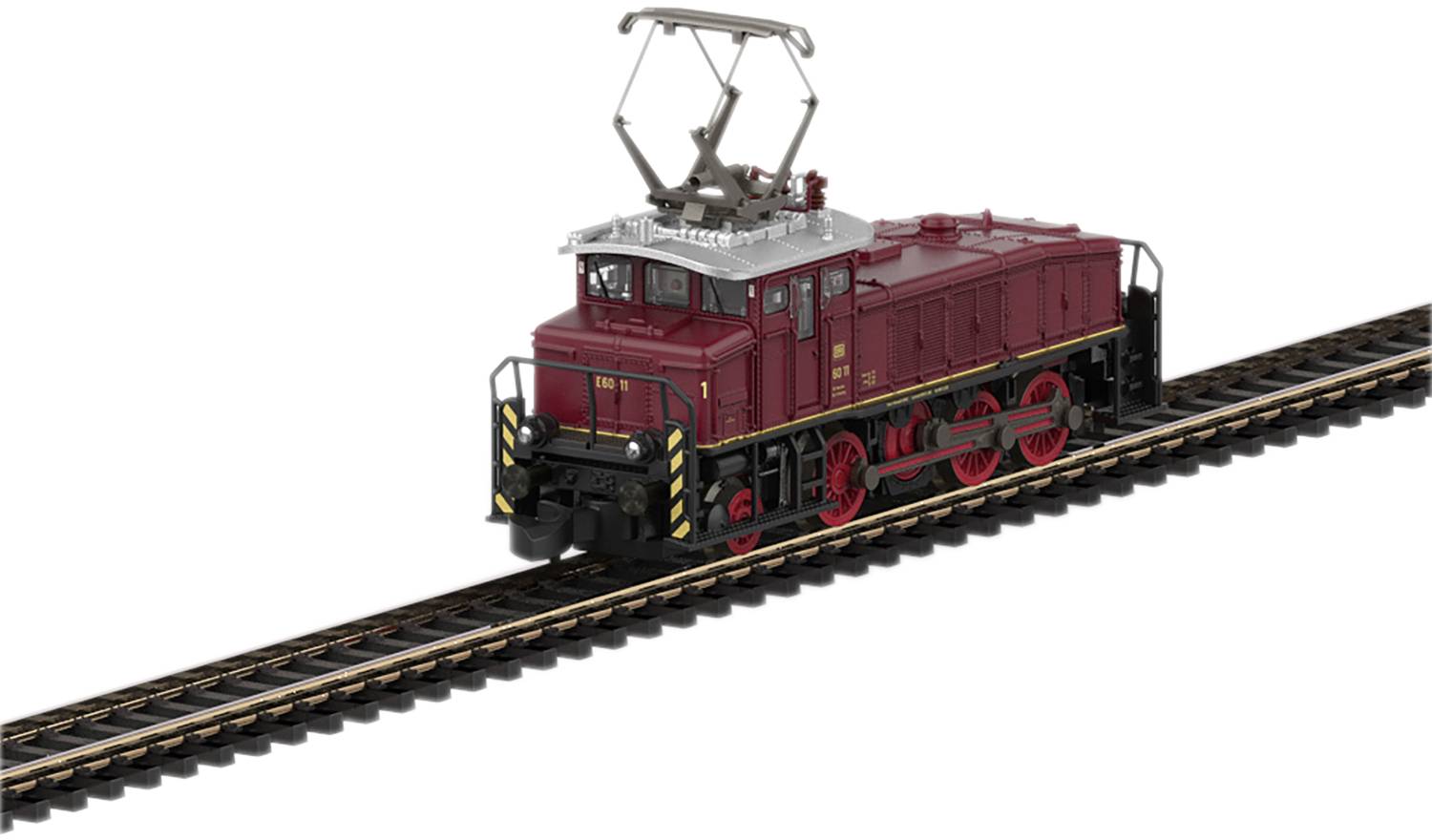 A red model of an electric locomotive to scale, placed on a section of track, shows detailed features of the locomotive.