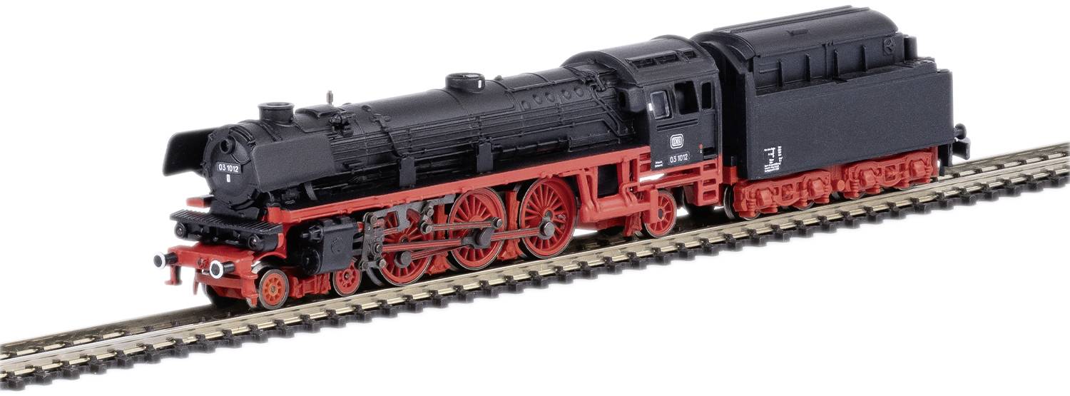 Black steam locomotive with red wheels on railway tracks. It has a large boiler and is realistically detailed.