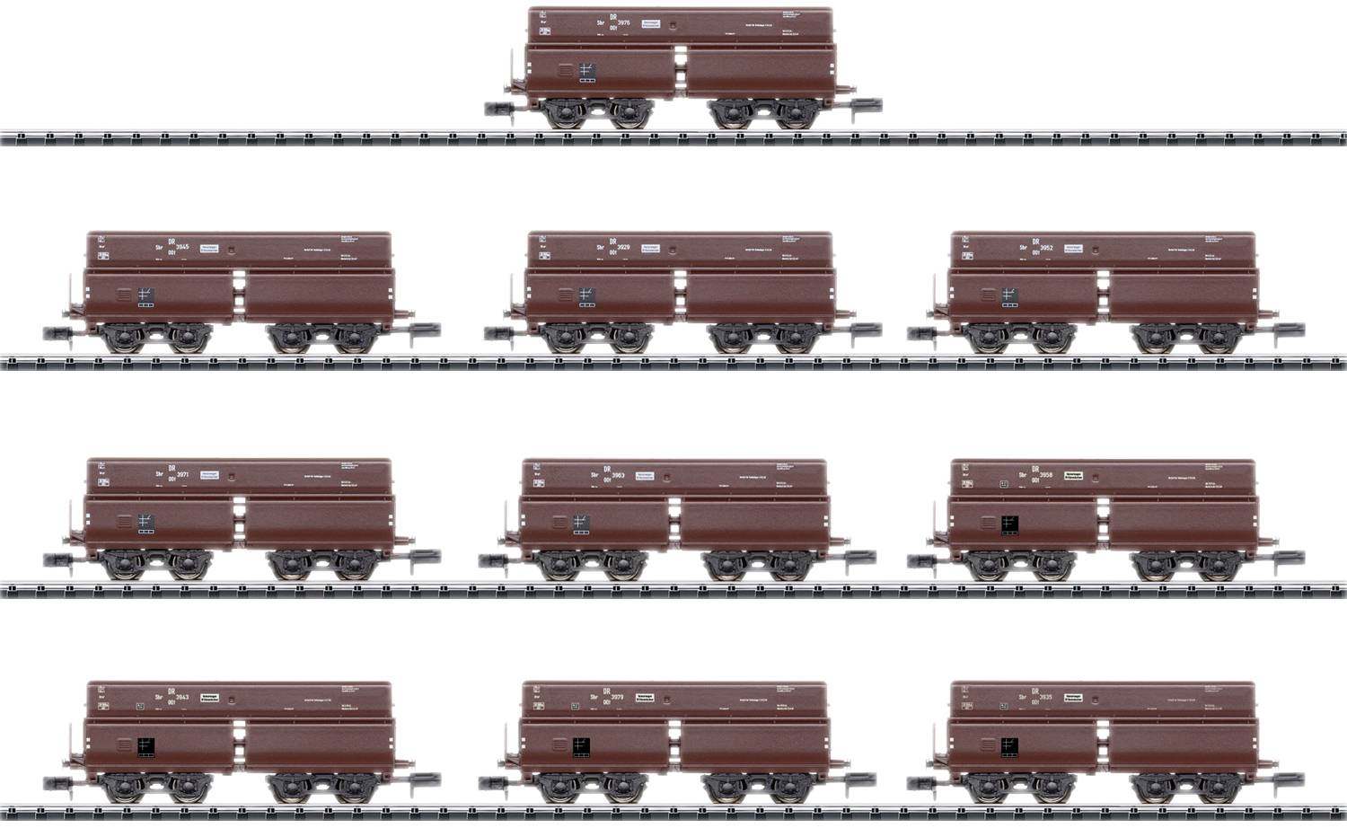 Freight train wagons lined up in rows on the track, displaying various models and configurations from a side perspective.