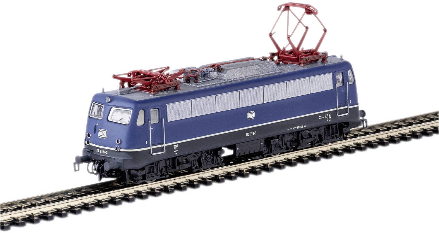 A blue model railway electric locomotive travels on tracks, with a red pantograph and white details.