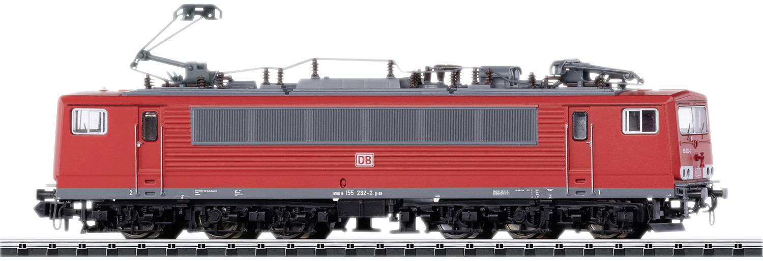 A red electric locomotive of Deutsche Bahn is travelling on a railway track. The locomotive is long and has a flat roof with a pantograph.
