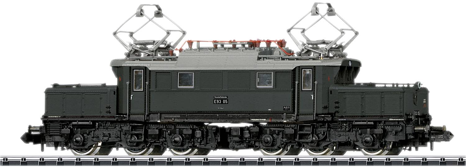 An electric locomotive with two pantographs on a railway track. The locomotive is dark green and has six axles.