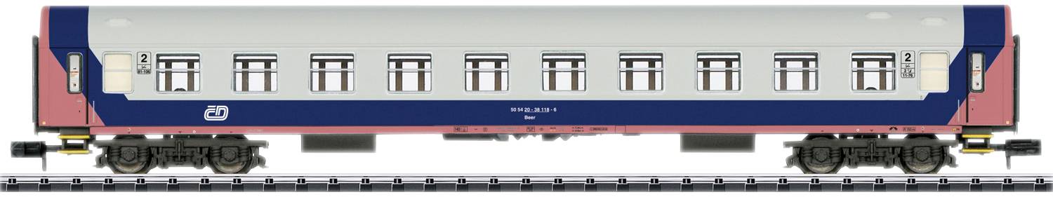 Railway carriage viewed from the side on a track. The carriage is blue and red in colour and has several rectangular windows.