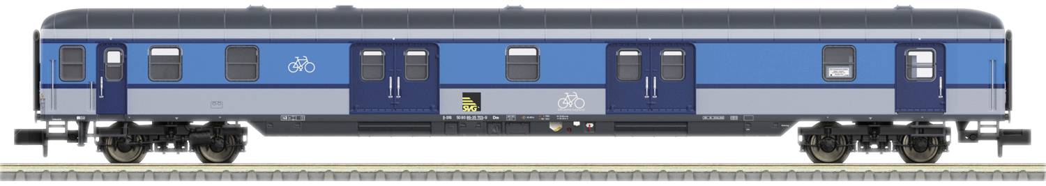 A blue-grey train carriage with bicycle symbols indicates space or access for bicycles. The carriage is shown from the side.