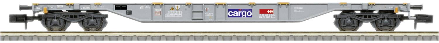 Grey-blue goods wagon with 'cargo' written on the side, positioned on railway tracks and designed for freight transportation.