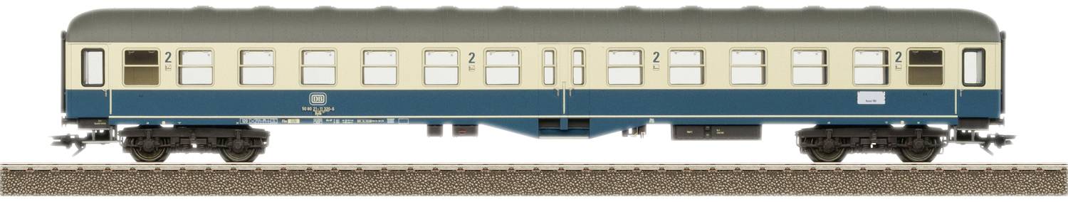A blue and cream Deutsche Bahn train carriage with the number '2' marking, standing on a railway track.