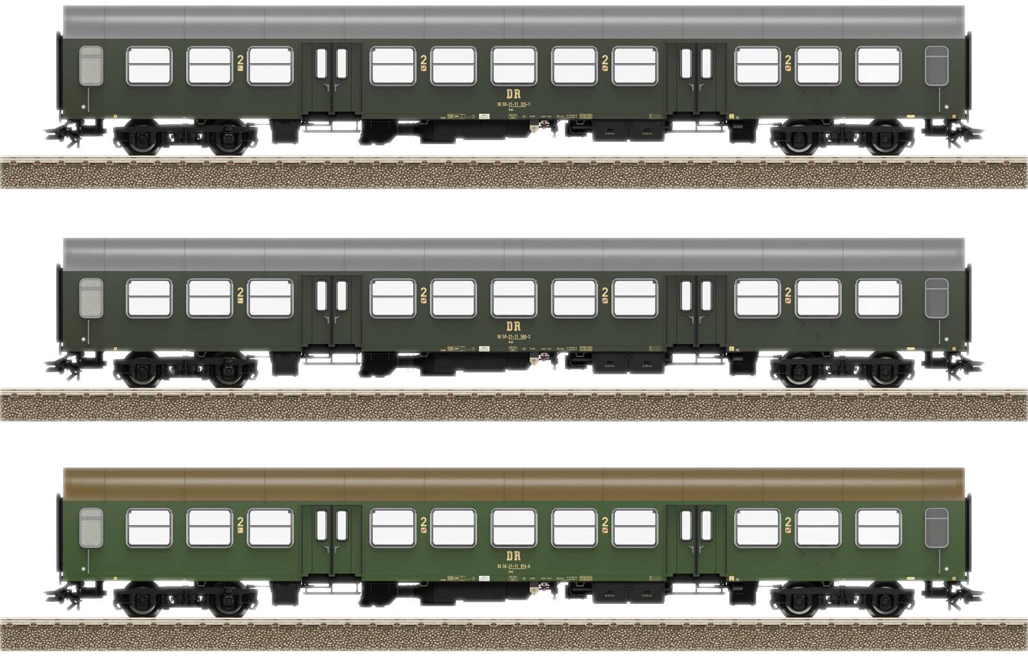 Three model railway carriages in green, lined up on tracks. Two similar ones on top, with one below featuring a brown roof. Detailed representation.
