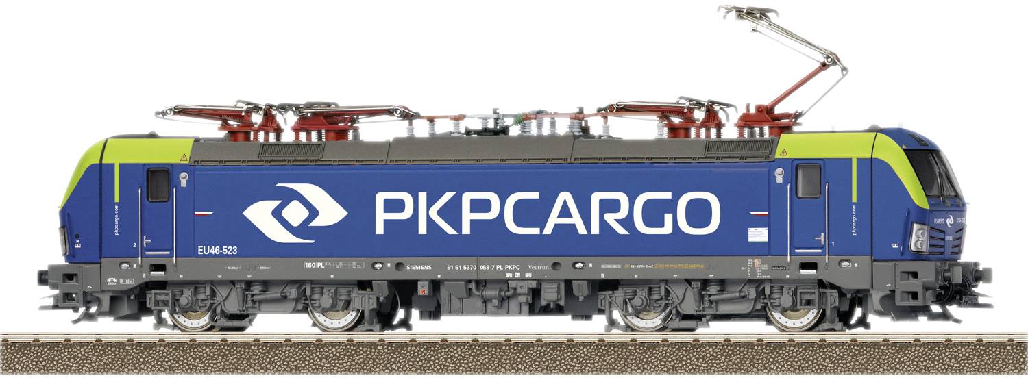 A blue freight train from 'PKP Cargo' on railway tracks, with green and red accents. Electrical overhead power lines are connected.