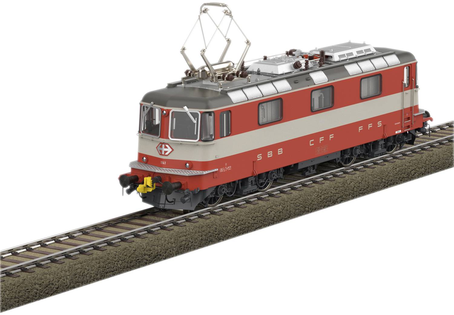 A red and grey electric locomotive of the Swiss Federal Railways is travelling on a section of track.