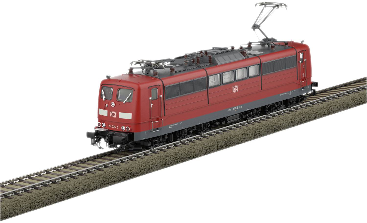 A red train is travelling on a railway track. It is a Deutsche Bahn model with characteristic pantograph equipment.