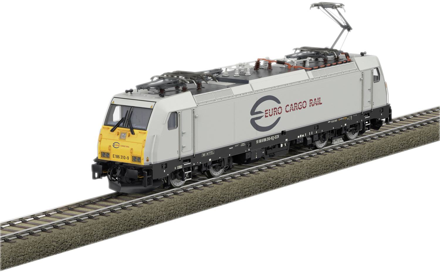 A goods train with the inscription 'Euro Cargo Rail' is travelling on railway tracks. The locomotive has a yellow front design with a grey bodywork.