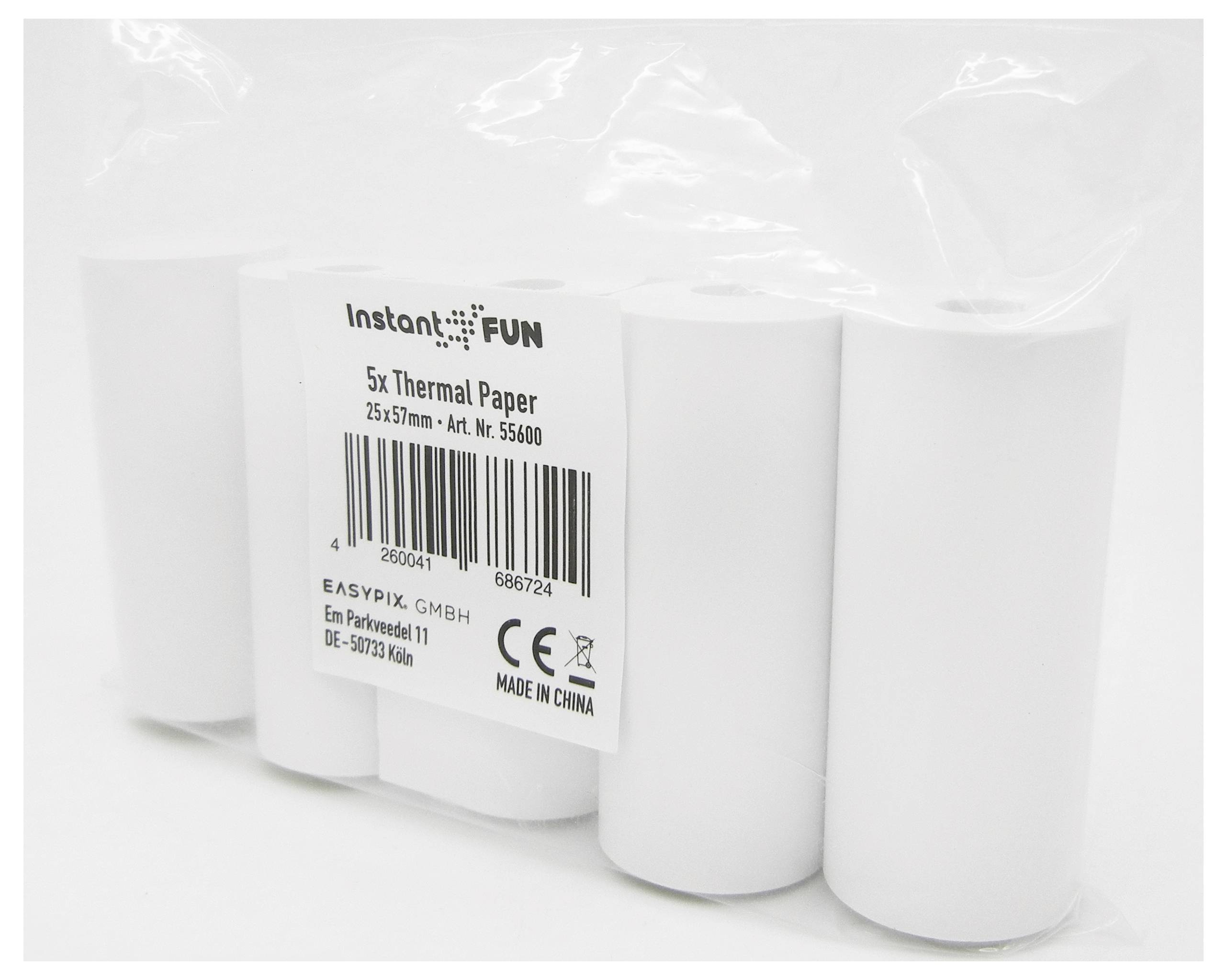 Five white thermal paper rolls in plastic packaging with label: 'Instant Fun 5x Thermal Paper 25x11 mm'.