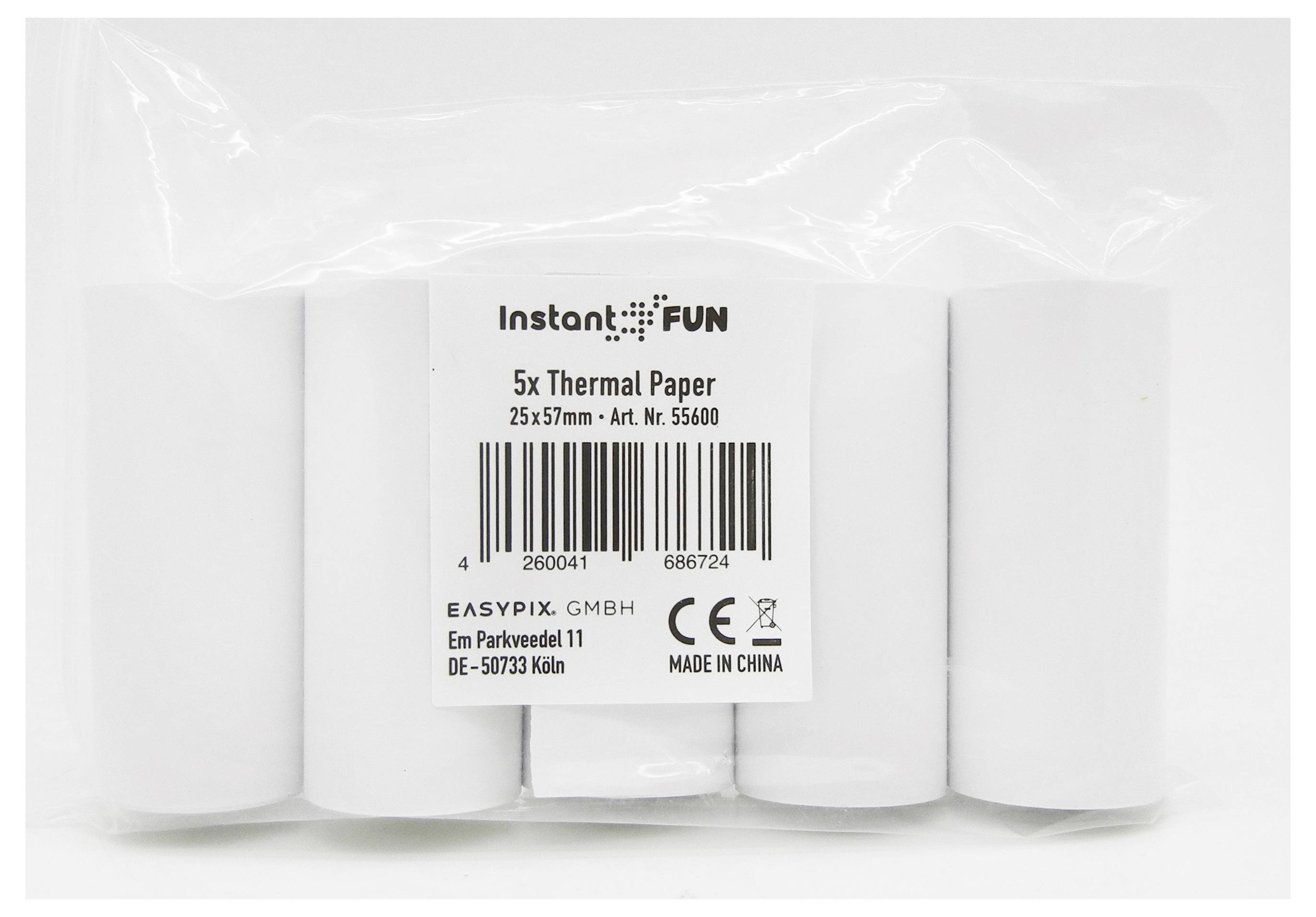 Five rolls of thermal paper in white packaging, with the inscription '5x Thermal Paper', size 25x57mm, article number 55600, manufactured in China.