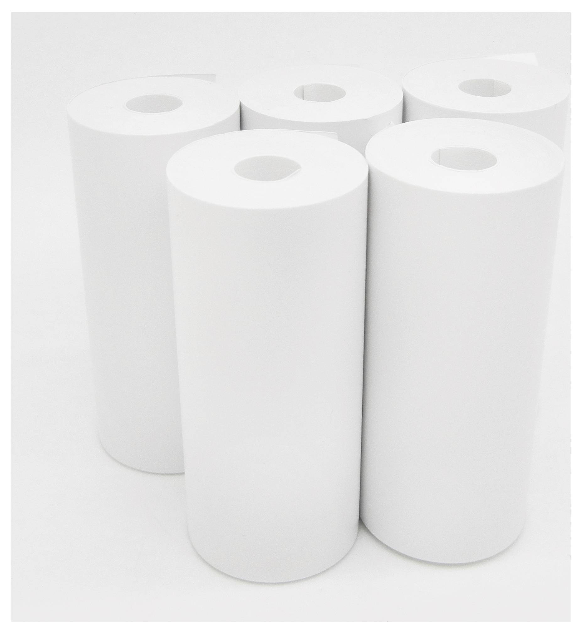Five white paper rolls stand upright side by side on a white surface.