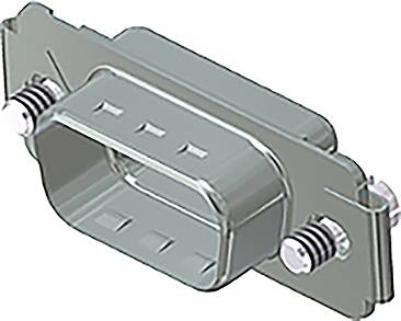 A rectangular, metallic connection element with side screws and an opening in the centre, used for electronic connections.