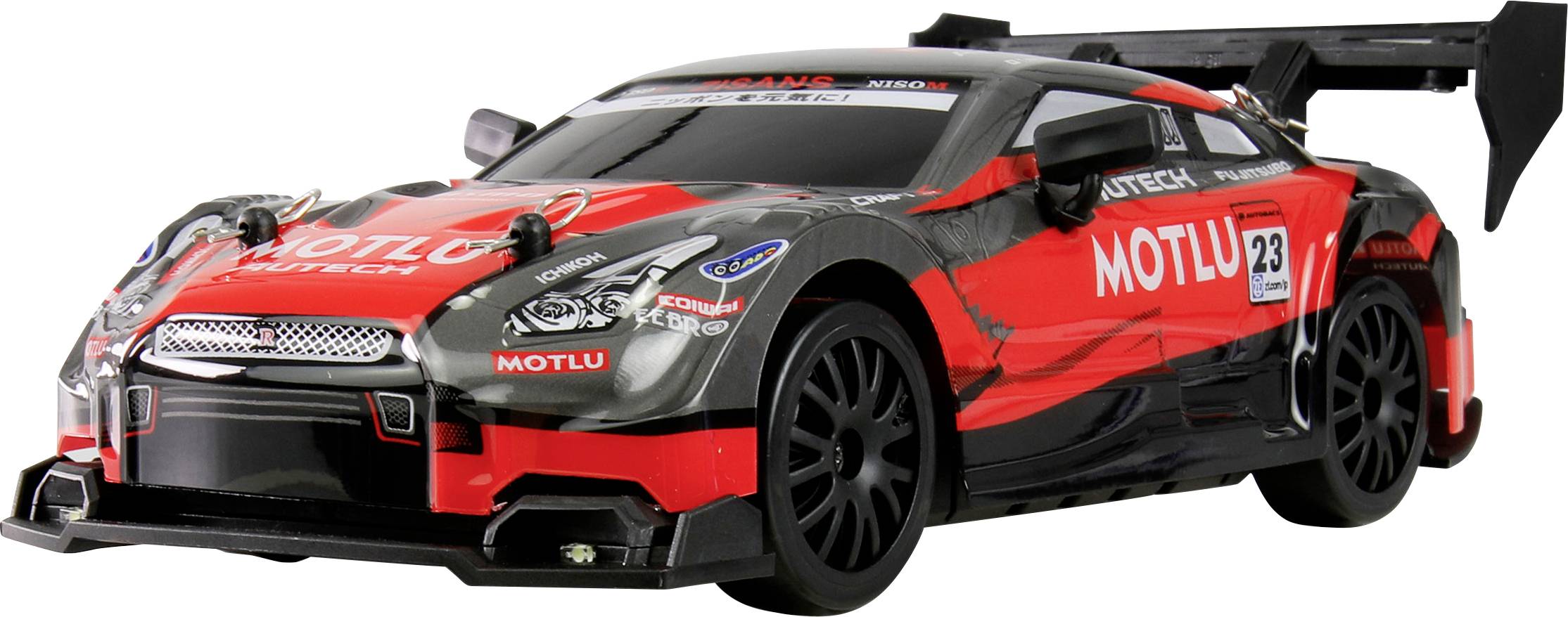A black and red racing toy car with a spoiler, designed in an aggressive style. It is positioned on a white surface.