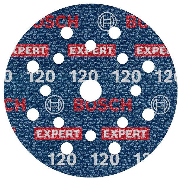 Grinding disc with the inscription 'EXPERT 120 BOSCH'. Circular shape with multiple holes, suitable for grinding work.