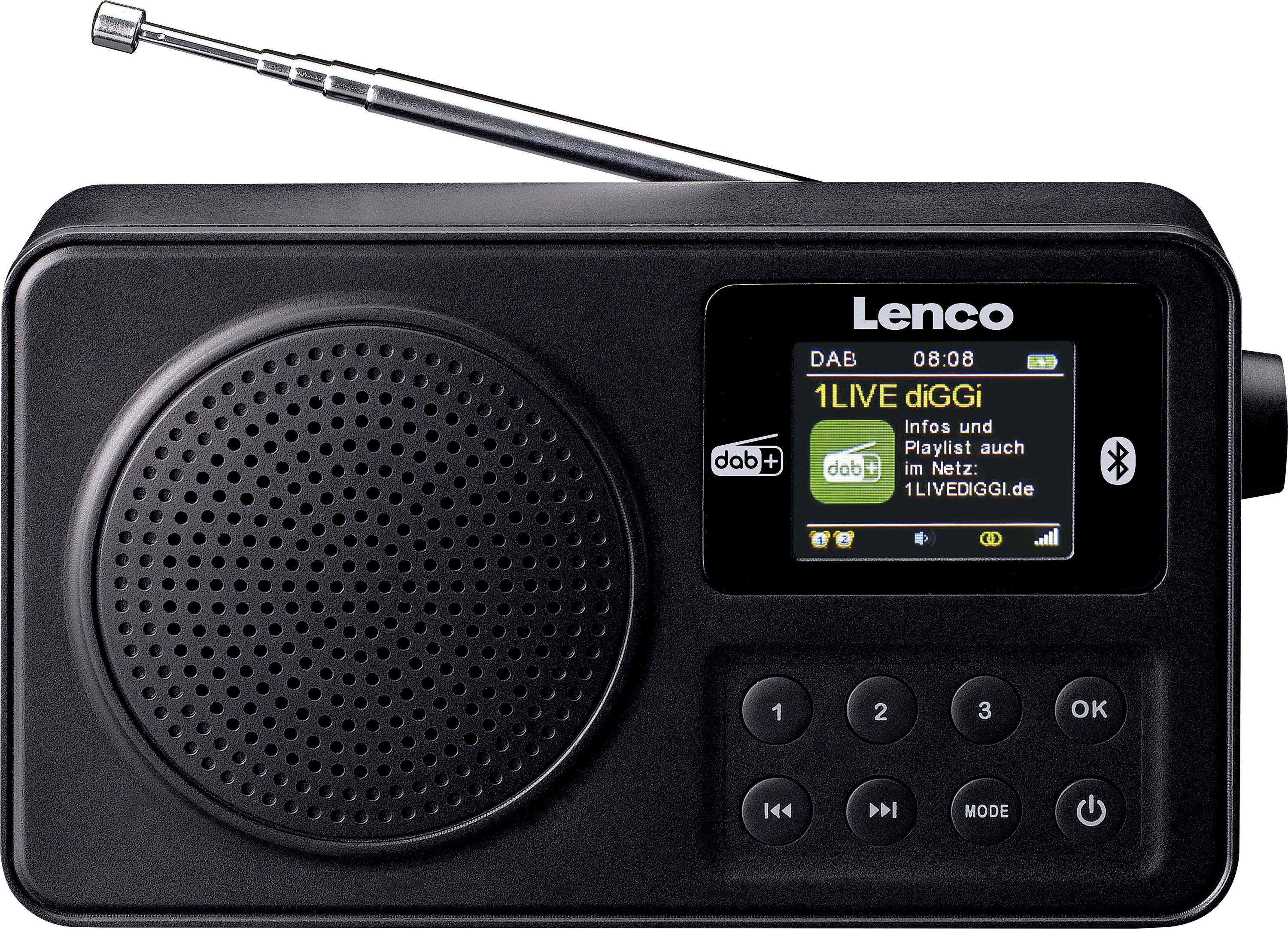 Black DAB+ radio with display, showing the radio station '1LIVE diGGi'. Speakers on the left, buttons and display with antenna on the right.