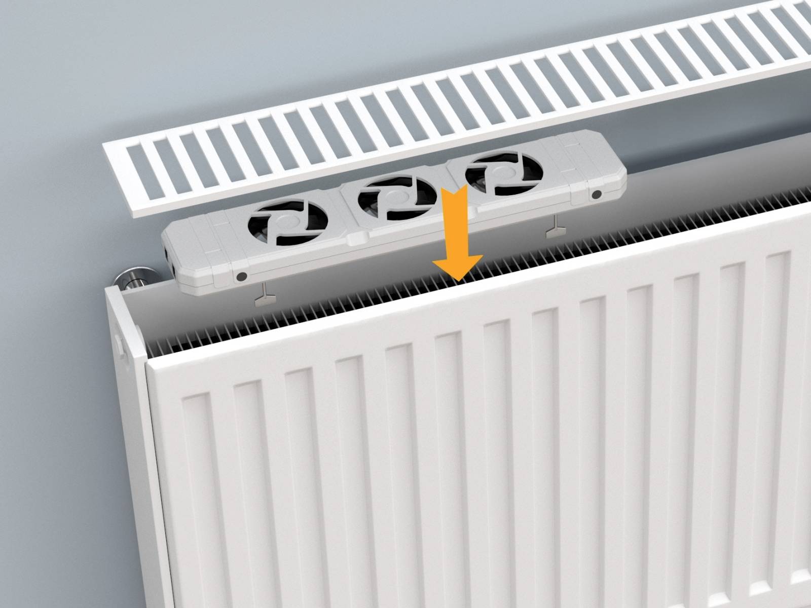A radiator fan attachment placed on a radiator to improve air circulation. An arrow points to the radiator.