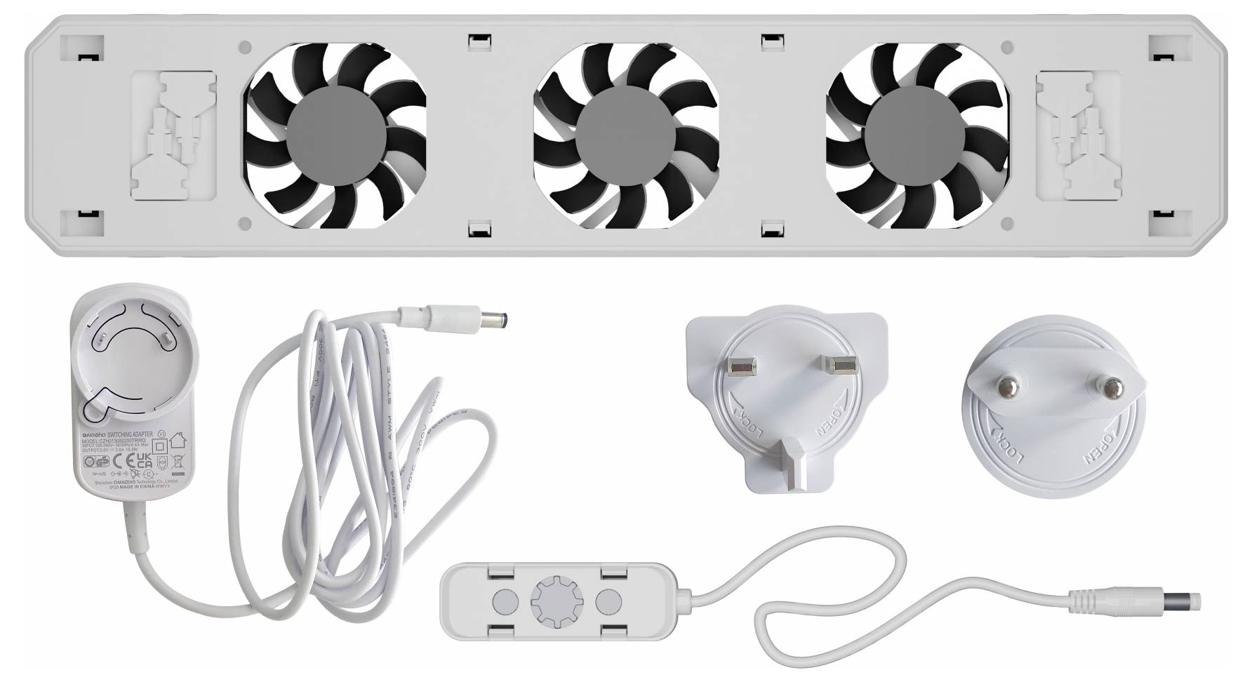 Ventilation unit with three fans and various socket adapters. Includes control cables for temperature regulation.