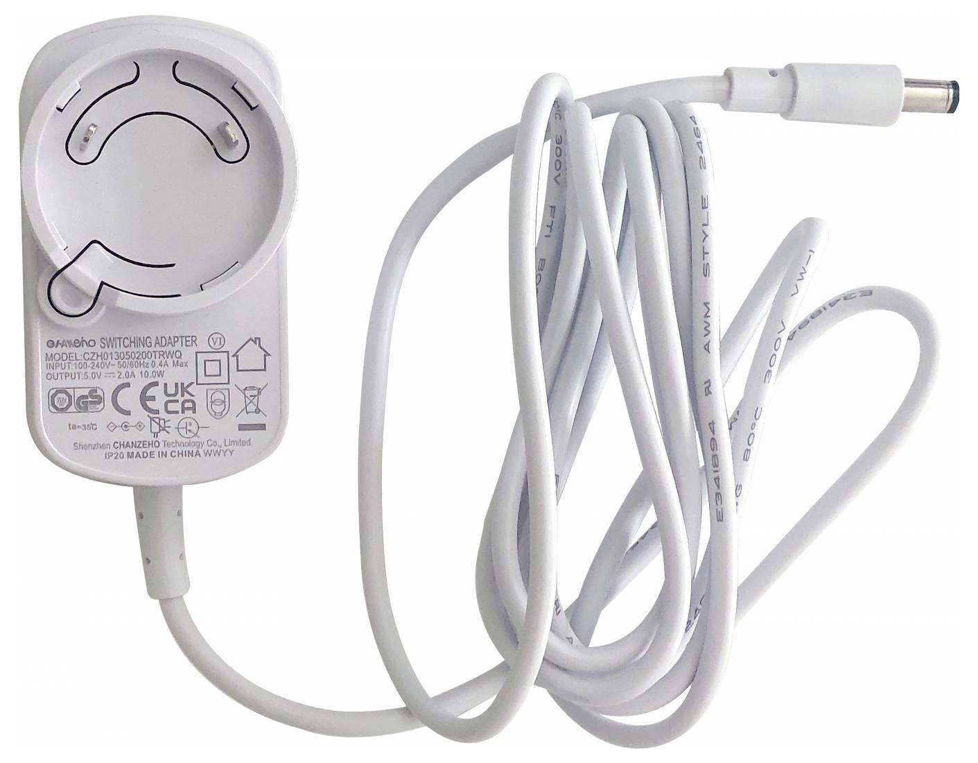 White power supply with EU plug, cable and DC connector. Housing with technical specifications such as voltage and current.