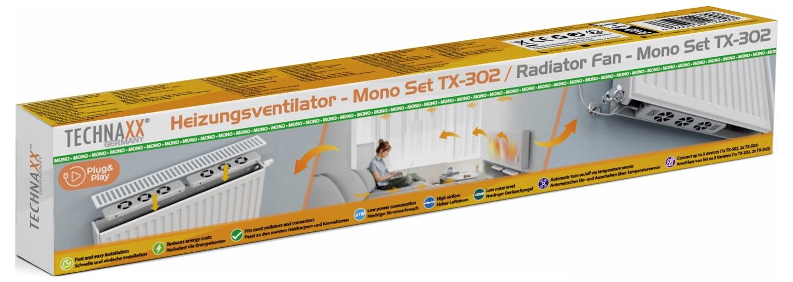 Packaging of a heating fan with the inscription 'Heating Fan - Mono Set TX-302'. Image shows application of the product on a radiator.