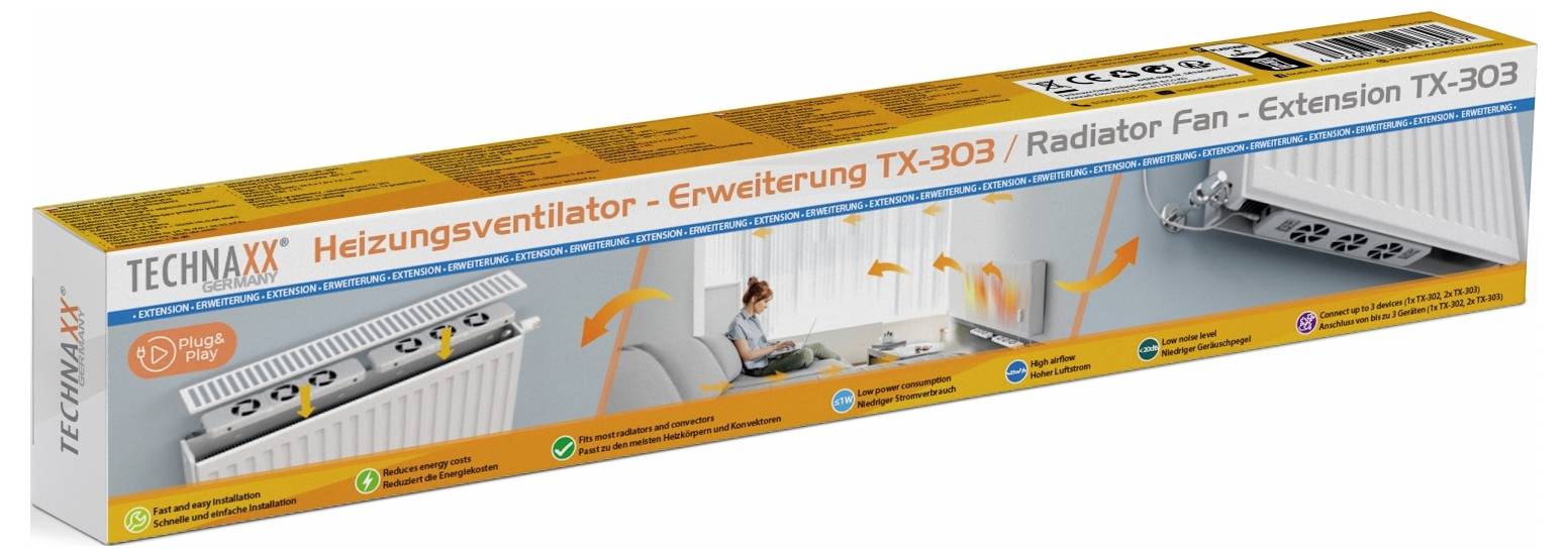 Packaging for a Radiator Fan Extension Kit, Model 'TX-303'. Demonstrates application on a radiator, enhances efficiency.