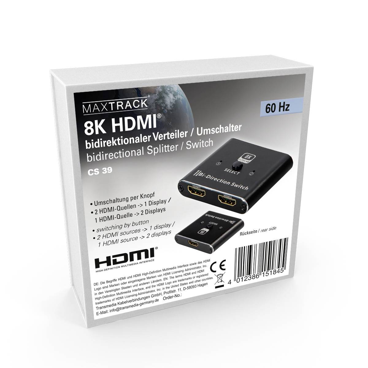 'MAXTRACK 8K Bi-Directional HDMI Distributor/Switcher' packaging shows a black device with two HDMI outputs, supporting 60 Hz.