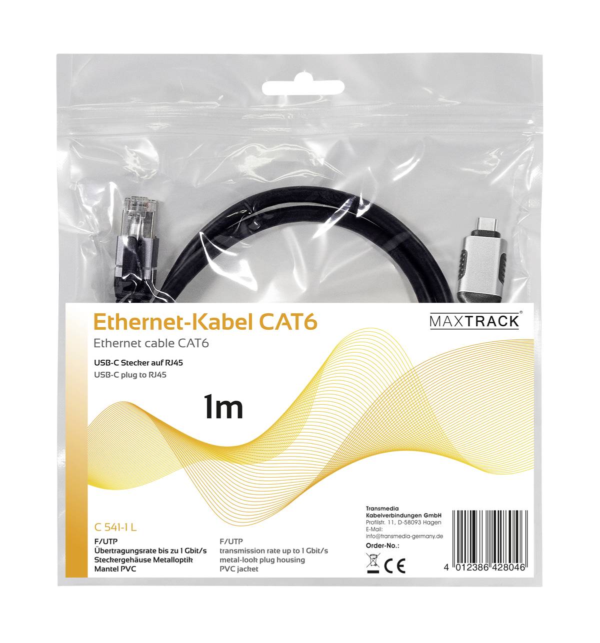 A 1m long Ethernet cable CAT6 by MAXTRACK with USB-C and RJ45 connectors, pictured in a clear packaging.