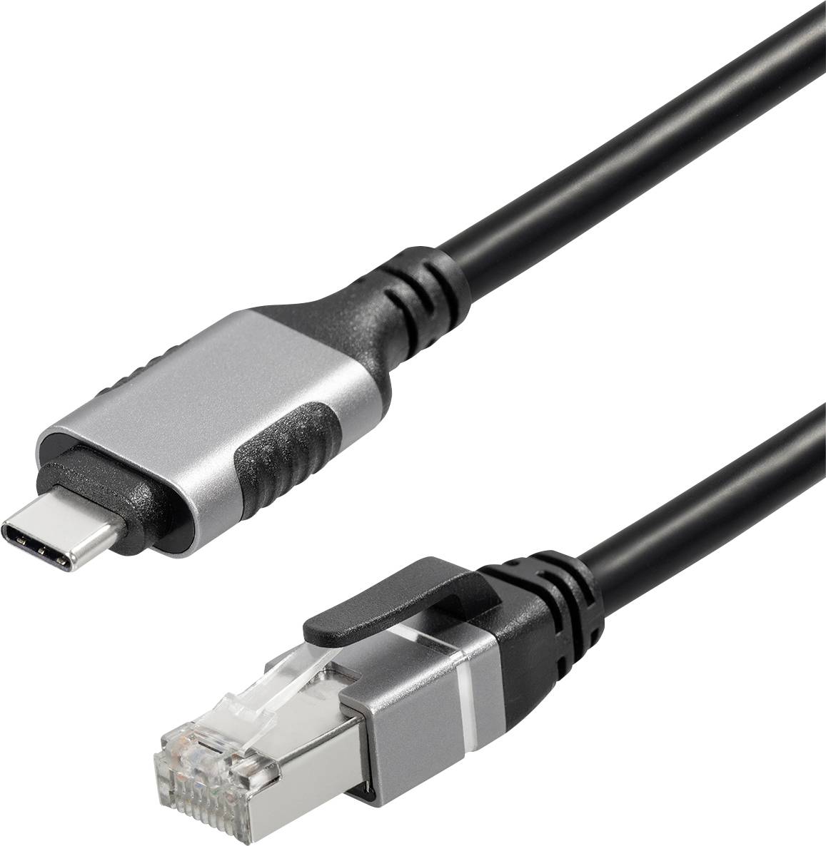 A USB-C to Ethernet cable used for connecting a device to a network. USB-C connector at the top, Ethernet connector at the bottom.
