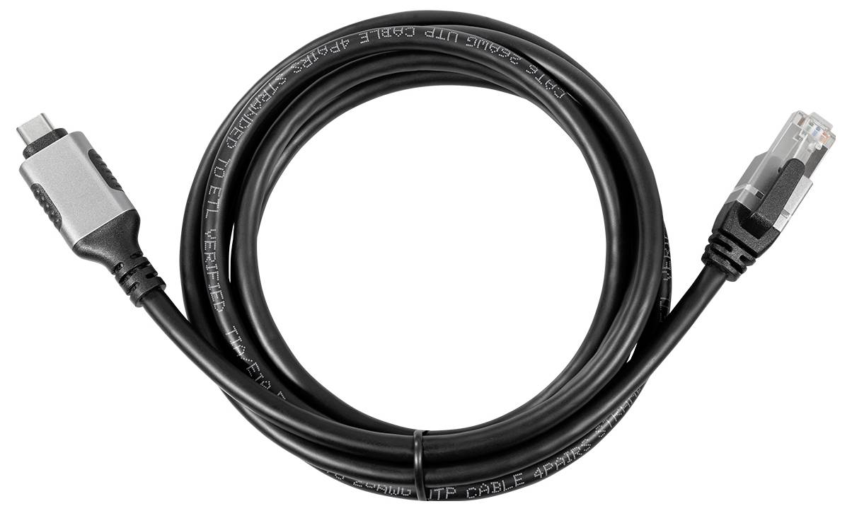Black Ethernet cable with a USB-C plug at one end and an RJ45 socket at the other end, on a white background.