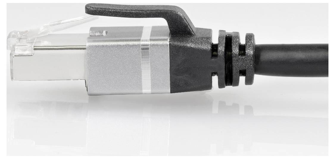 A black network Ethernet patch cable with a silver connector is lying on a white surface.