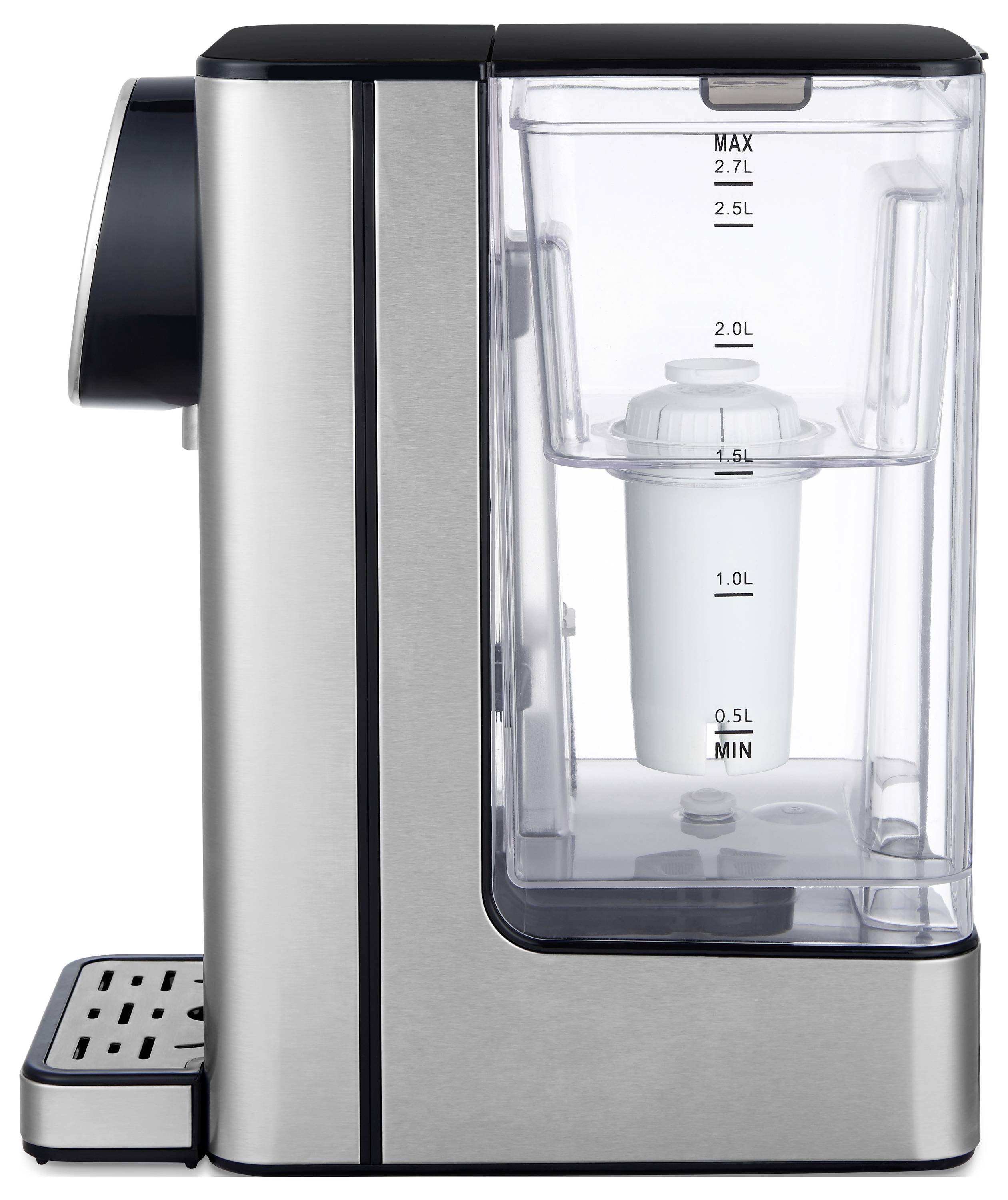 Stainless steel water filtration device with a transparent water tank and filter cartridge. Measurement scales indicate minimum and maximum fill levels.