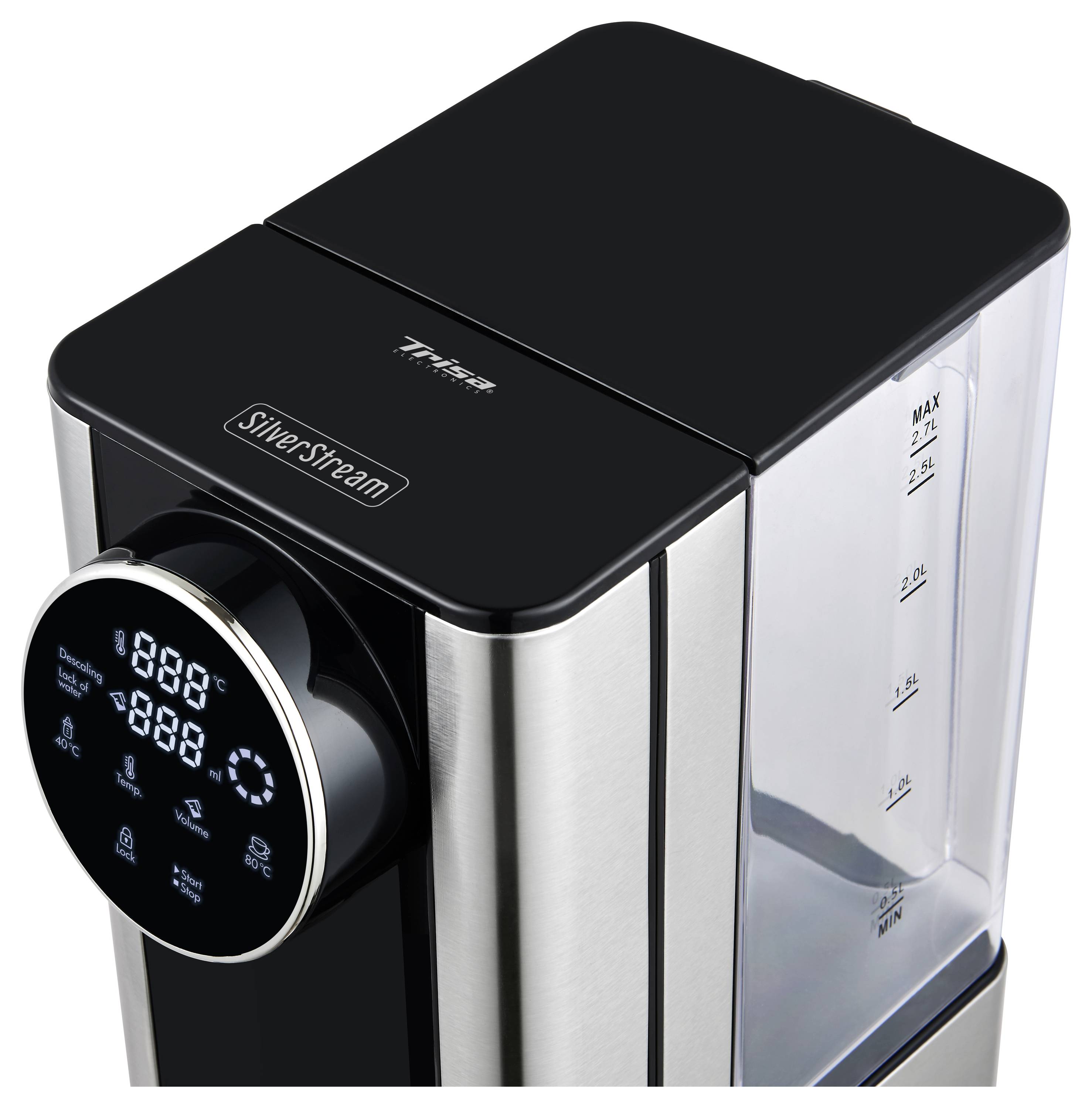 SodaStream with digital display and silver-black housing, showing control buttons and water scale on the side.