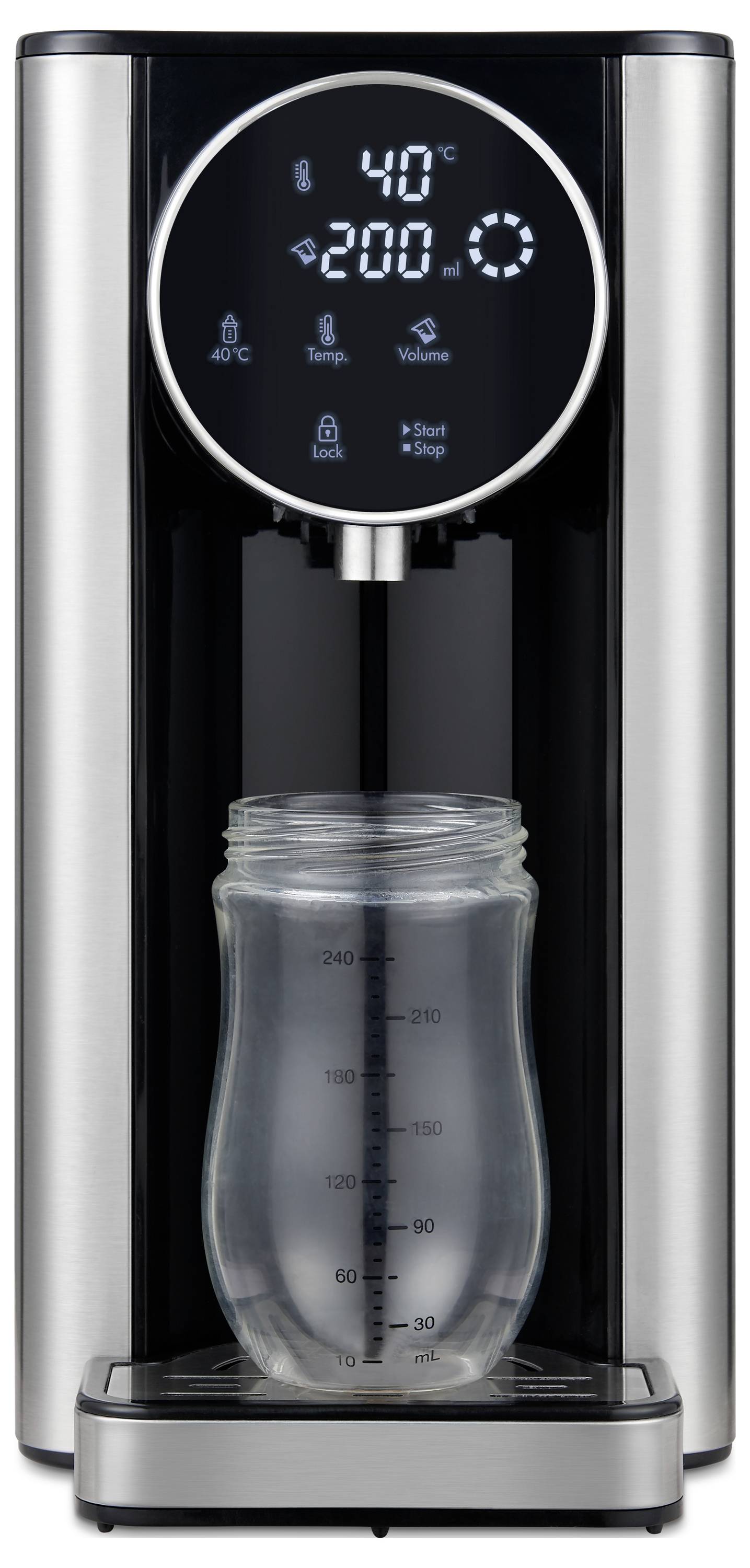 Electric kettle with digital display showing '40°C' and '200ml'. Glass is positioned on the drip tray, ready to be filled.
