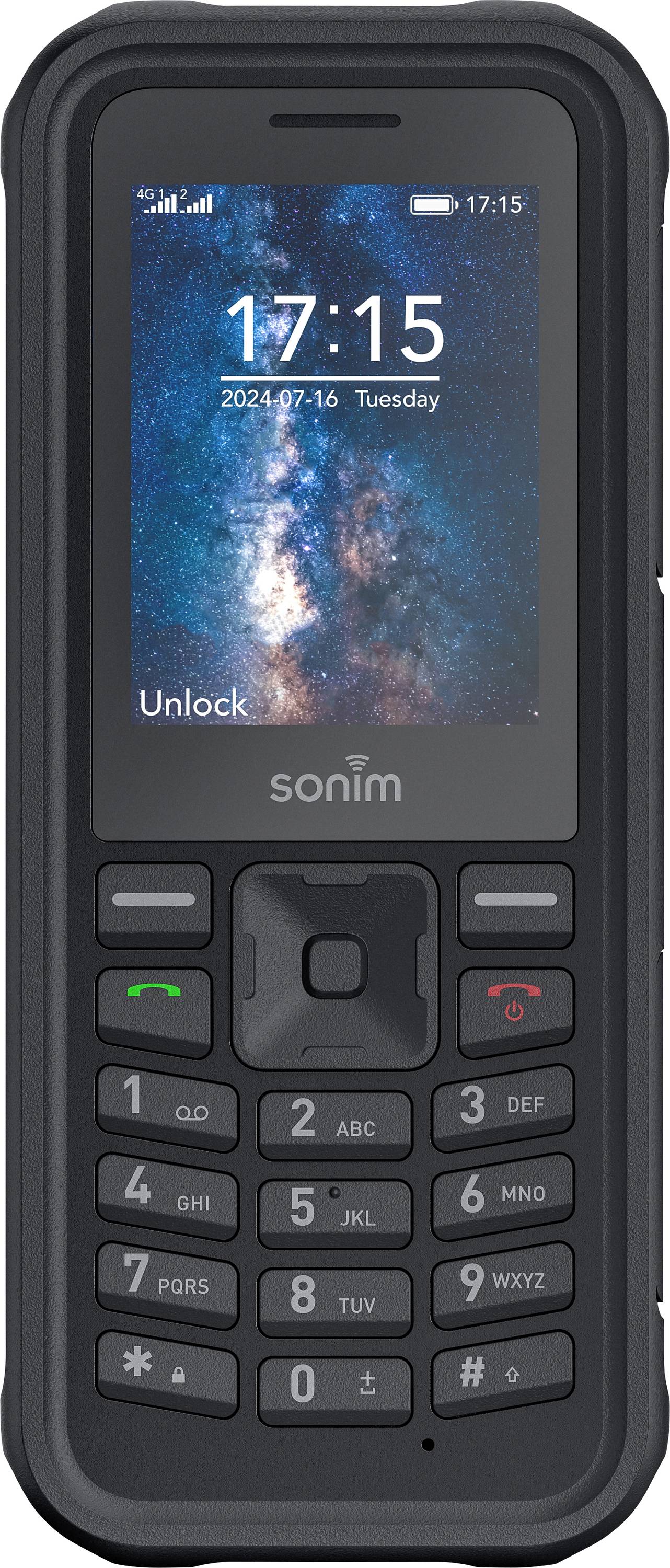 A robust mobile phone with a physical keypad and small screen, displaying the time 17:15 and the date 16/07/2024.