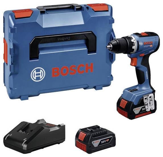 Cordless drill set with blue Bosch transport case, charger and 18V battery.
