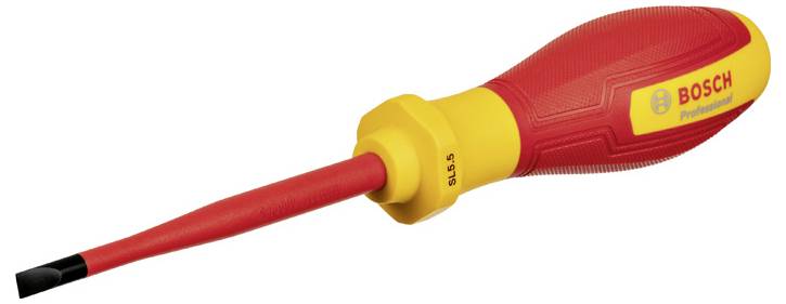 A red and yellow slotted screwdriver with 'BOSCH Professional' printed on the handle, suitable for tool applications.